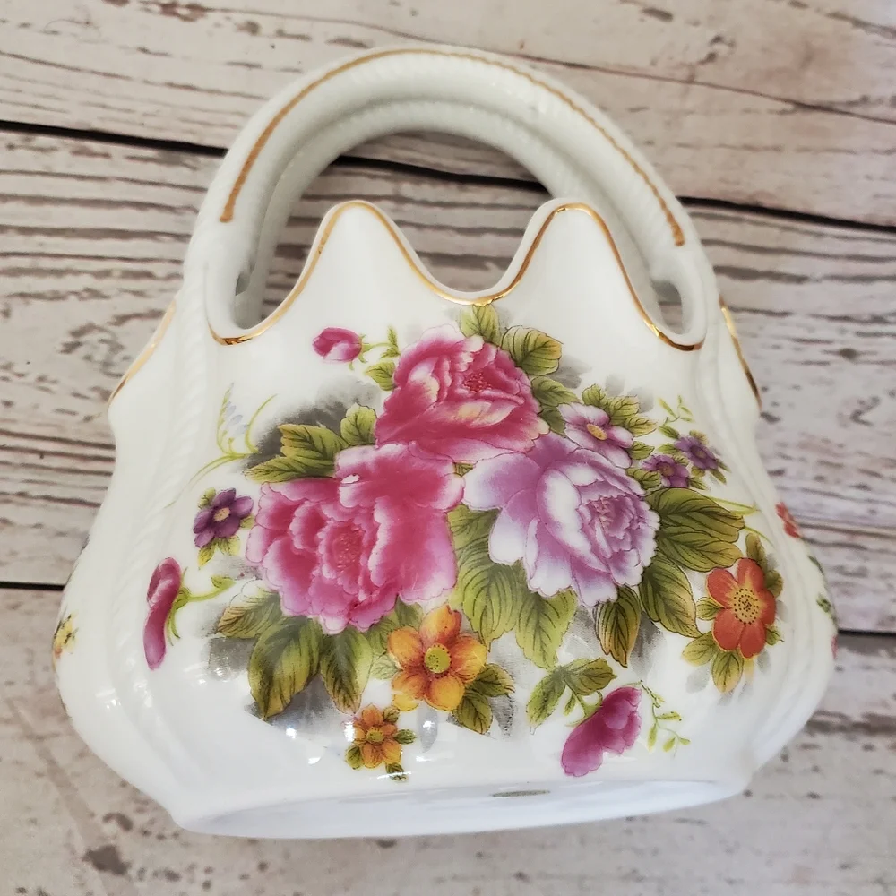 Vintage porcelain basket with flowers on it white, pink, purple, green
